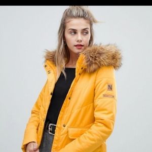 Yellow winter jacket faux fur hood new with tags